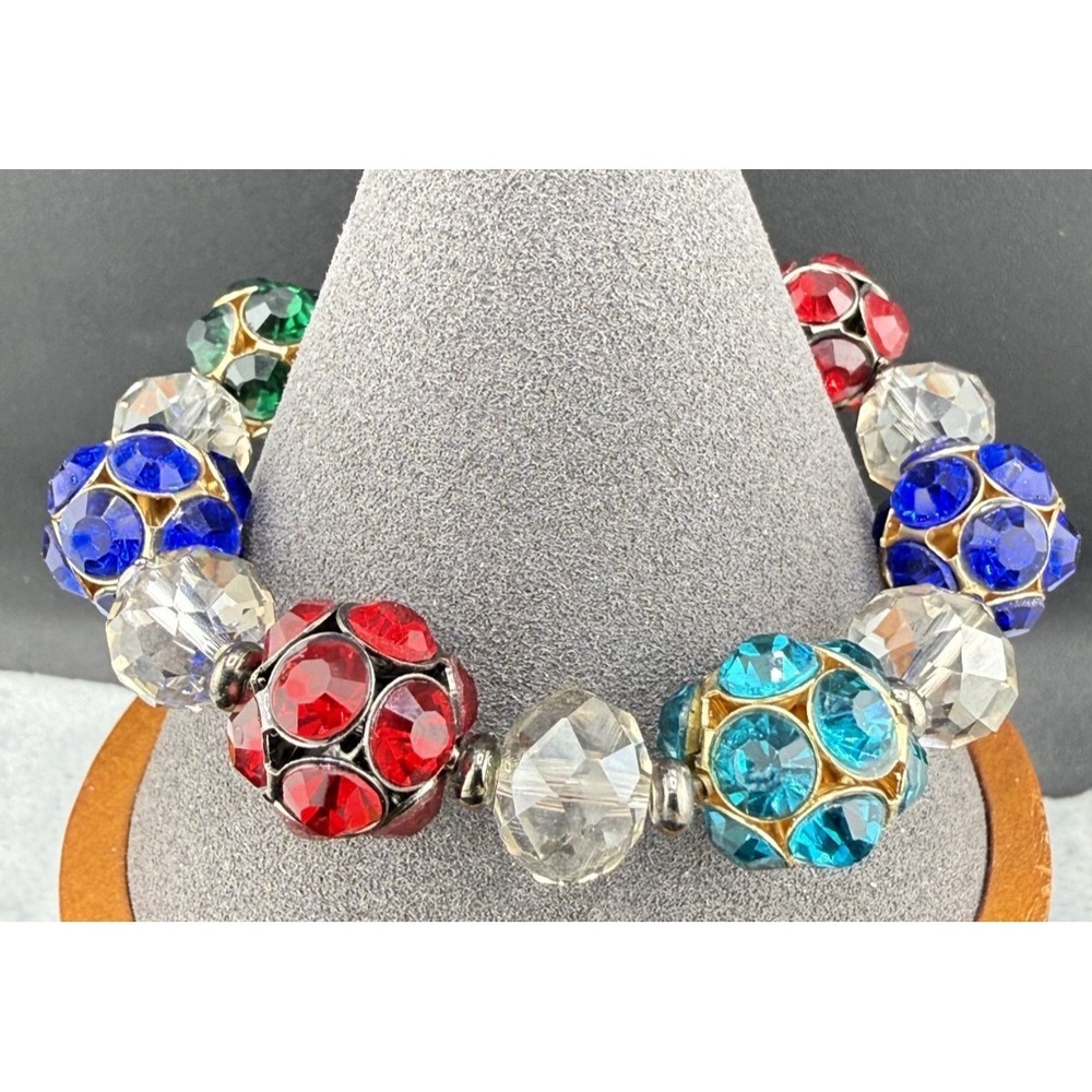Chunky Rhinestone Stretch‎ Bracelet Red Blue Green 6.75"